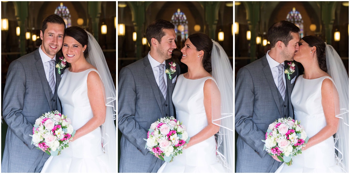 3 pictures of a bride and groom smiling and kissing