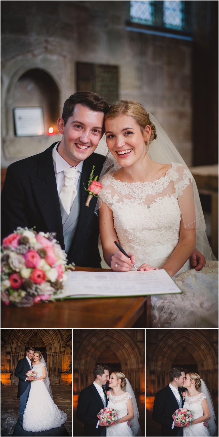 Happy bride and groom smile as they sign the wedding register