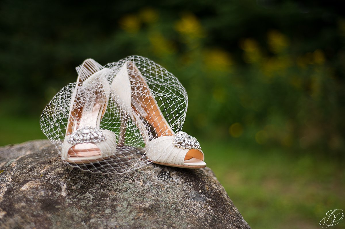unique photo of wedding shoes and birdcage veil