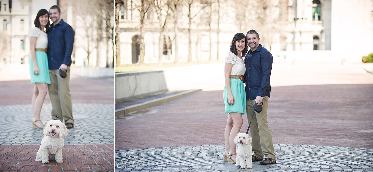 couple with their dog in albany, downtown albany engagement photos, albany engagement photographers, engagement session in downtown albany