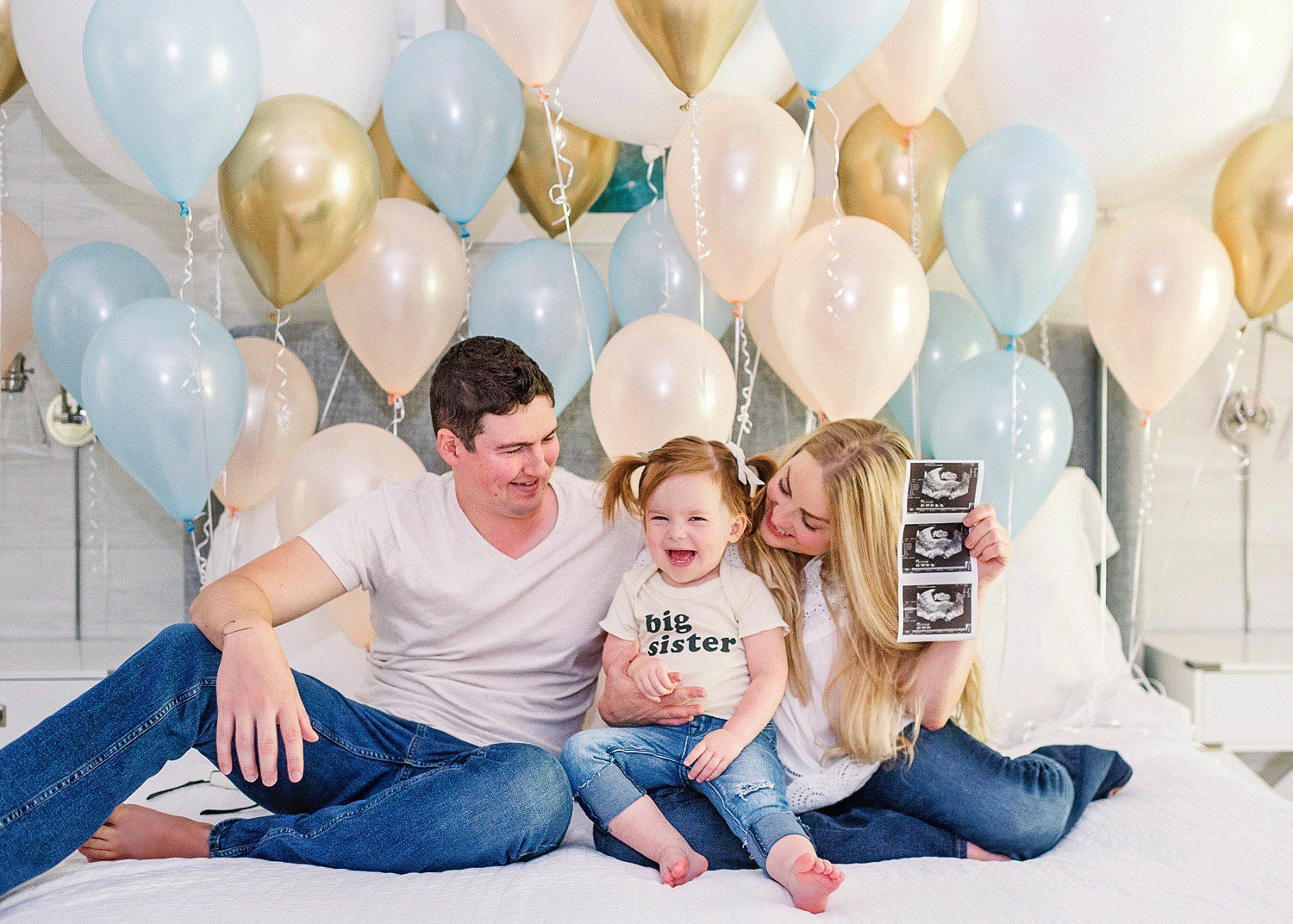 cute pregnancy announcement, blue balloons, peach balloons, gold balloons, Rya Duncklee