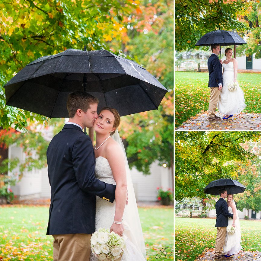 fun photo of bride and groom in the rain