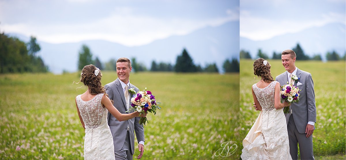 bride and groom first look lake placid 