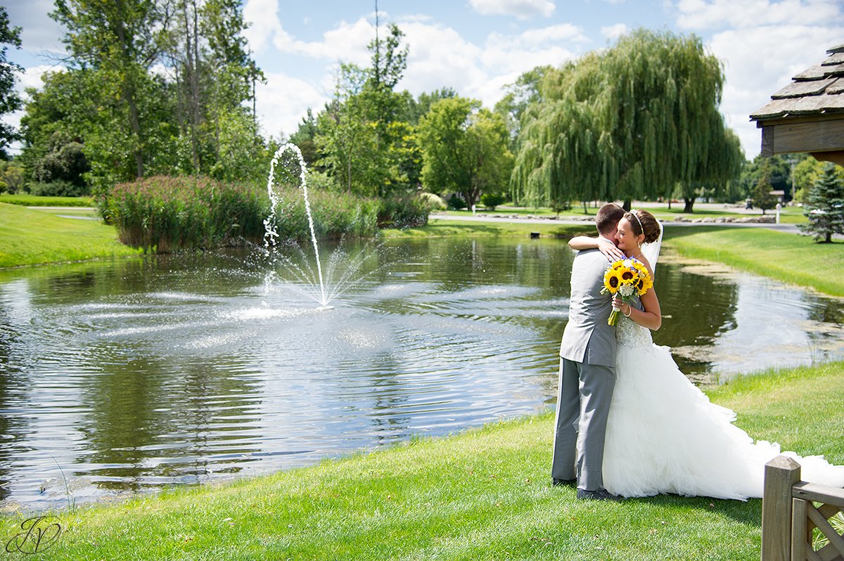 bride and groom first look at Timberlodge at Arrowhead Golf Club