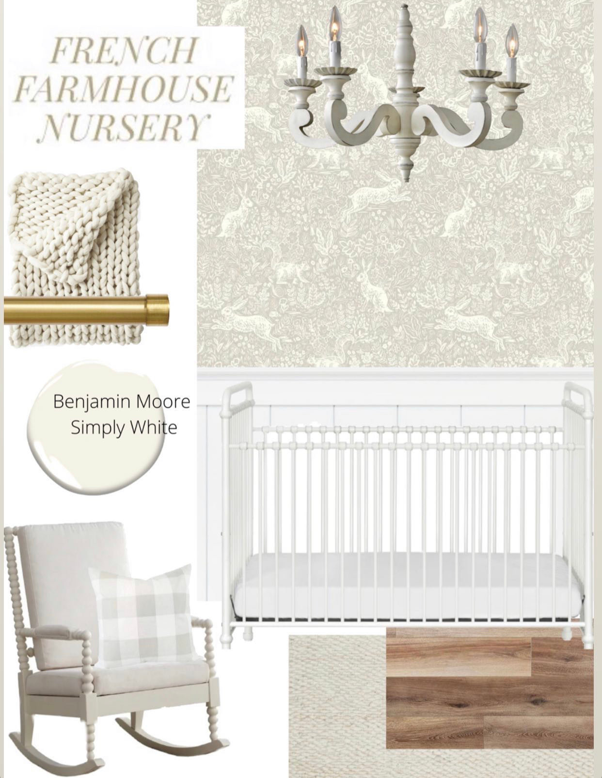 French Farmhouse nursery, French Country chandelier, rabbit wallpaper, white iron crib, warm wood plank flooring, 