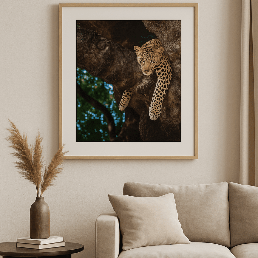 Leopard resting in a tree, fine art wildlife photography print capturing watchful strength and elegance.