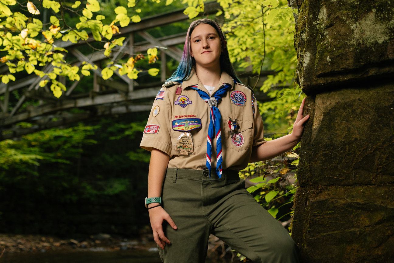 senior girl who loves scouts in her uniform in the Allegheny National Forest