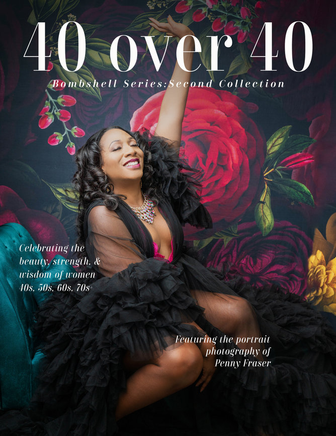 40 Over 40 cover with a woman in a dramatic black dress surrounded by bold florals, representing elegance and transformation.