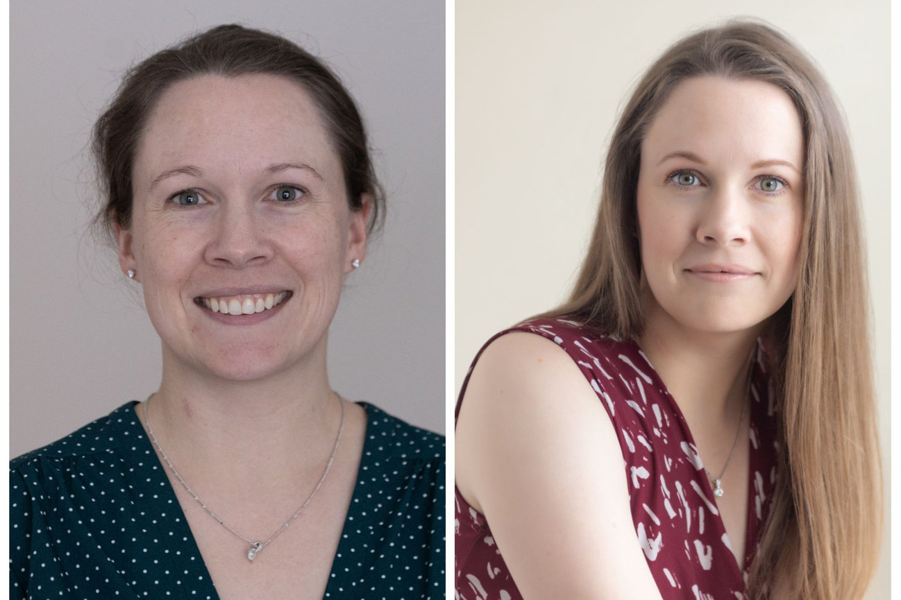 before and after beauty portrait showing hair and makeup on fair skinned business woman