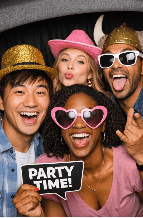 Group of people with party props and hats smiling together