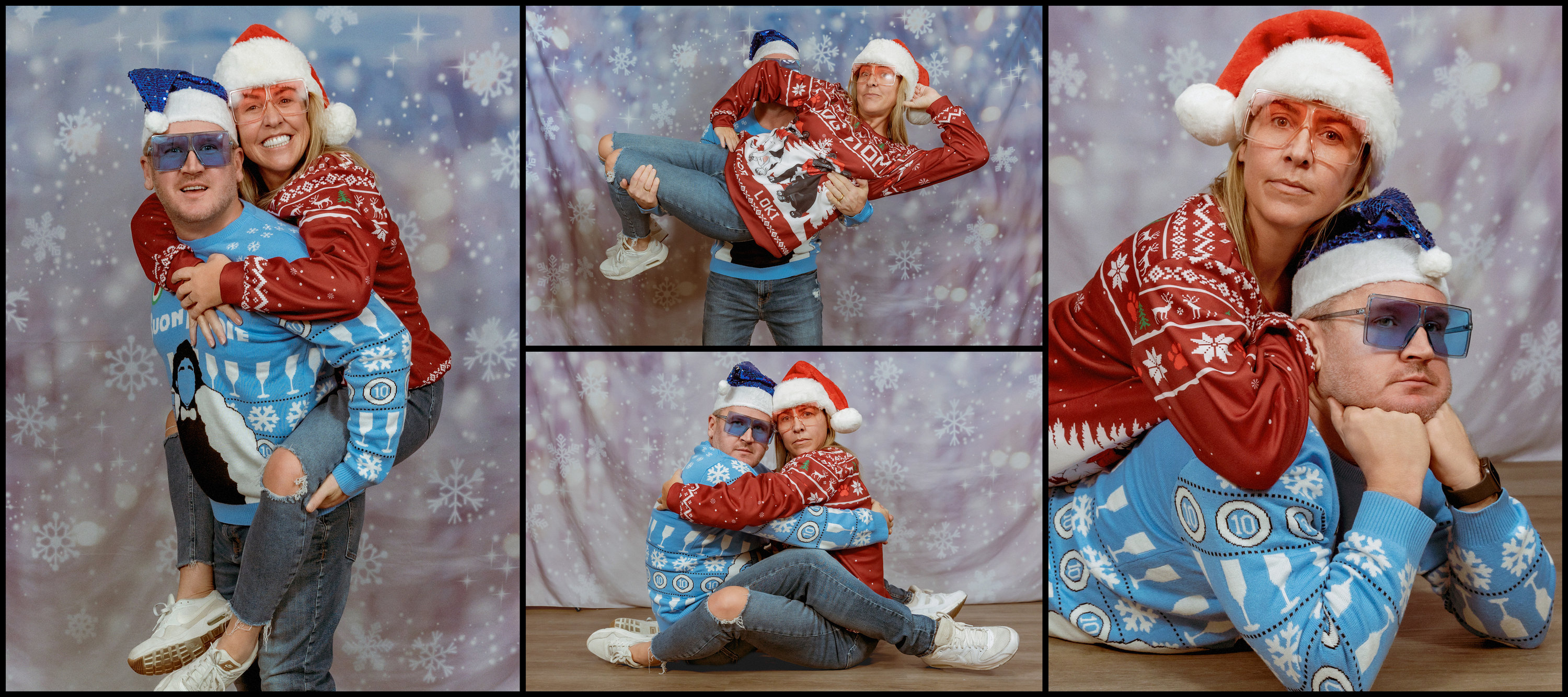 Awkward family photos retro holiday style with a cute couple wearing ugly christmas sweaters