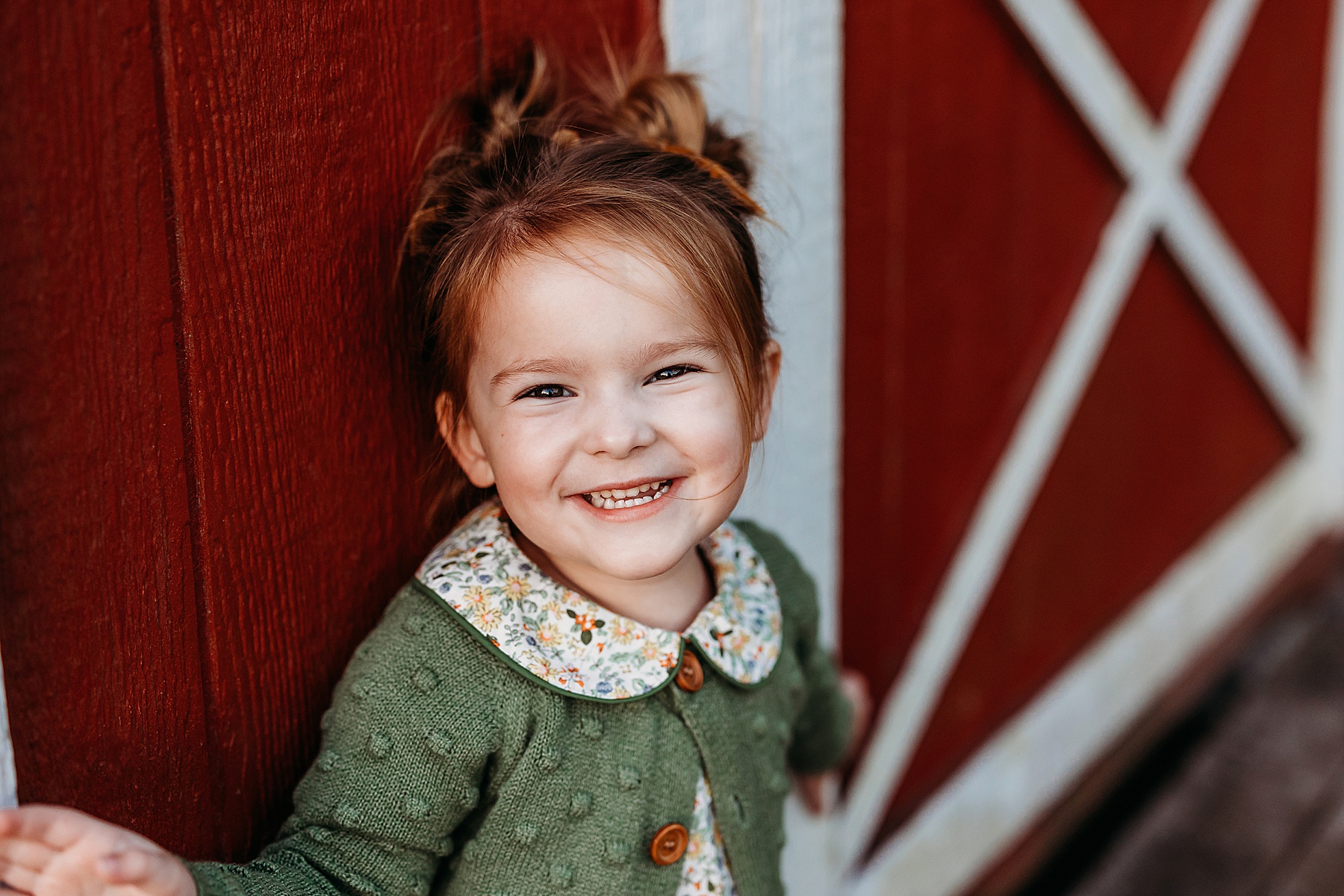 little girl in green sweater standing against a red barn on the farm