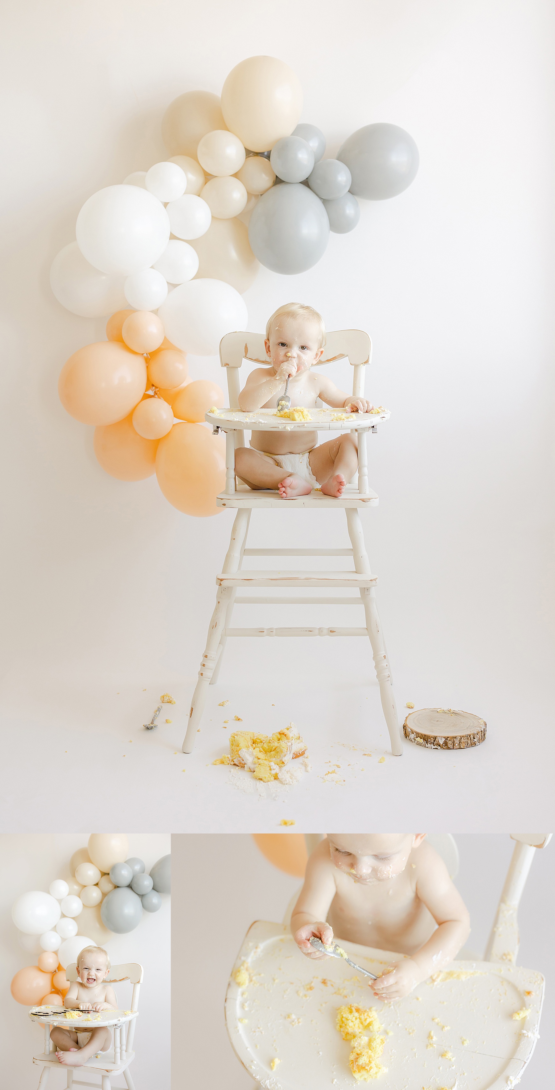 baby boy smashing yellow cake in white high chair for first birthday cake smash