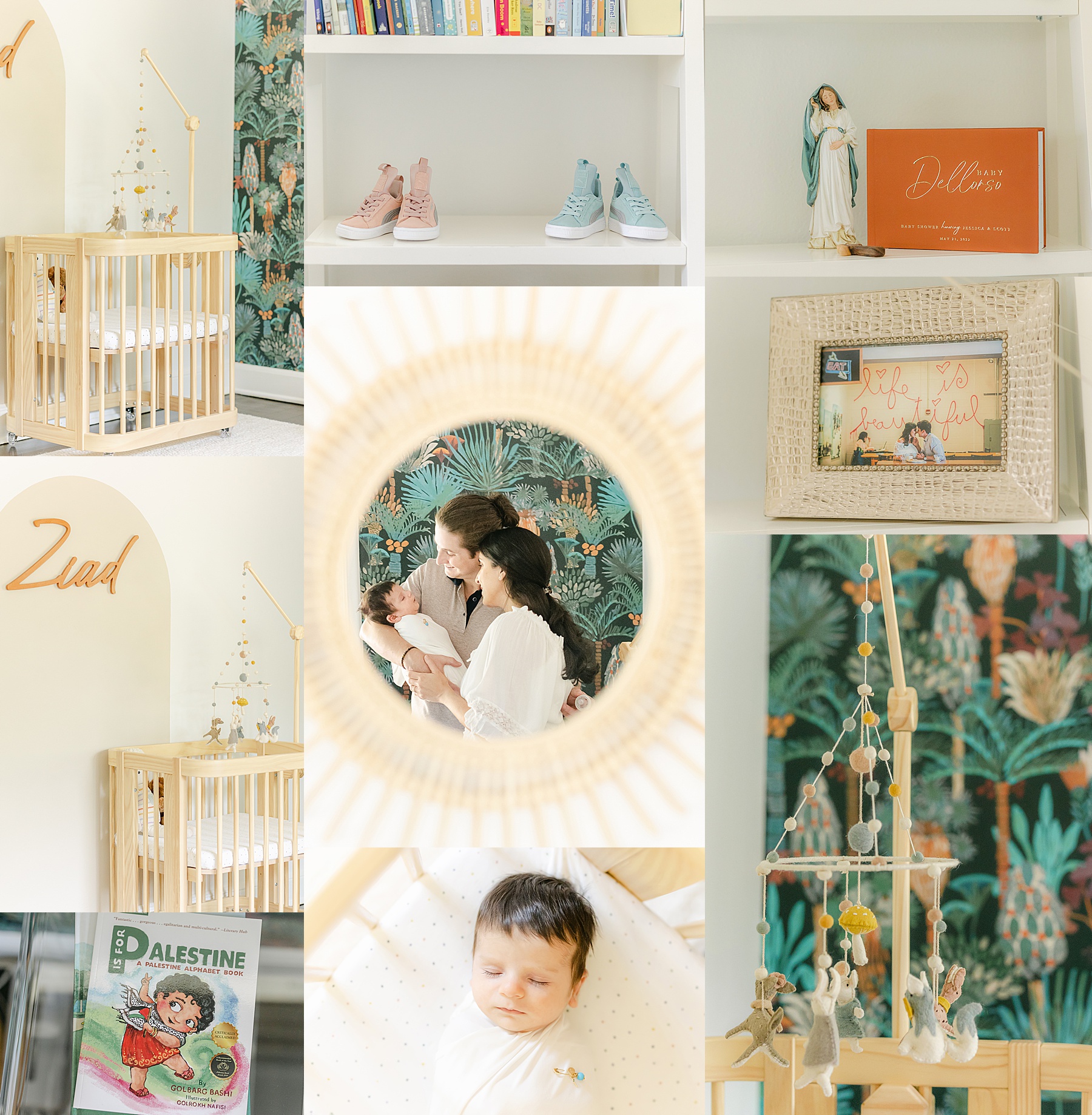 collage of images from newborn baby boy boho nursery