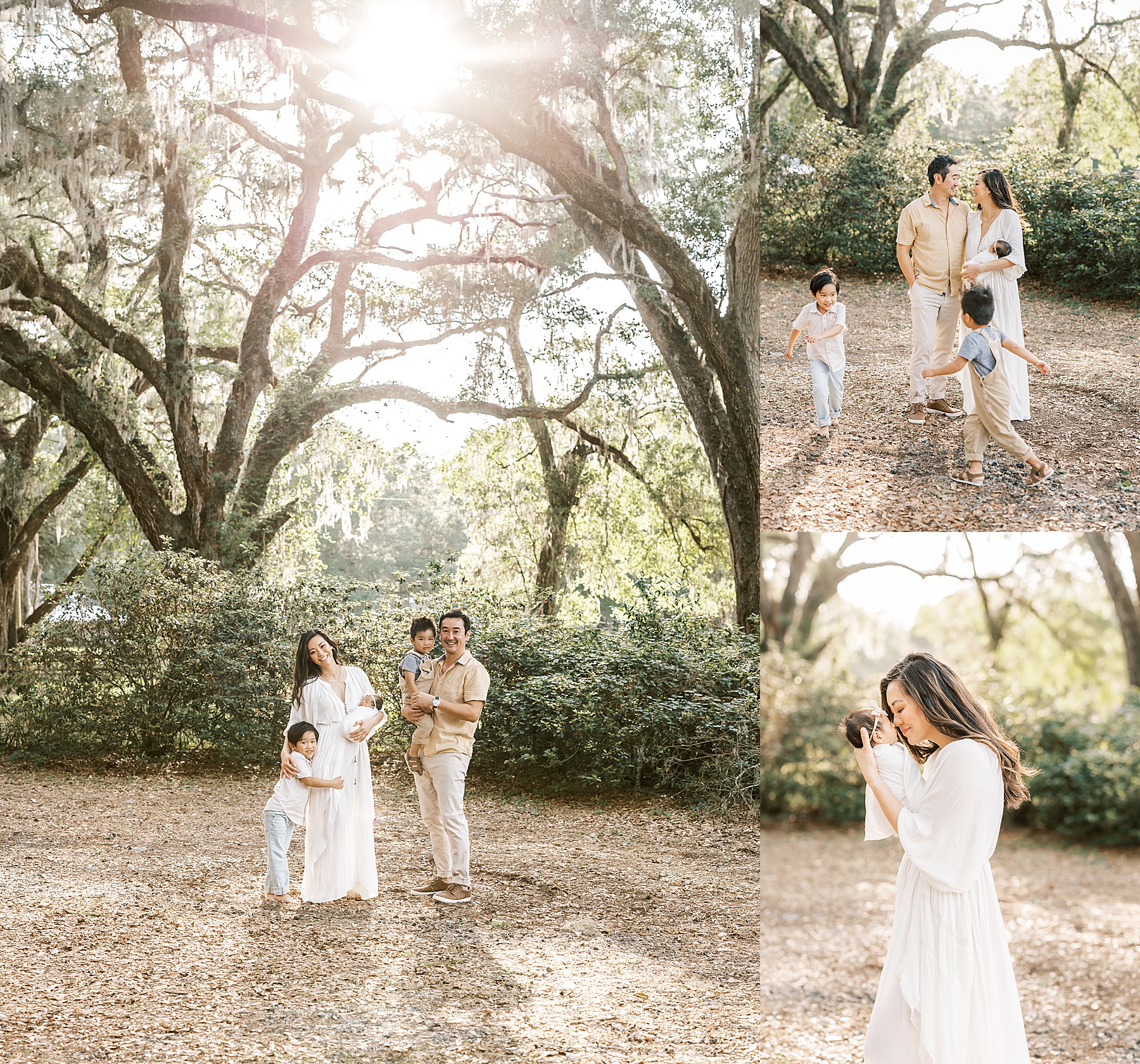 light and airy neutral images of family with newborn baby girl in sun haze field in Gainesville, Florida