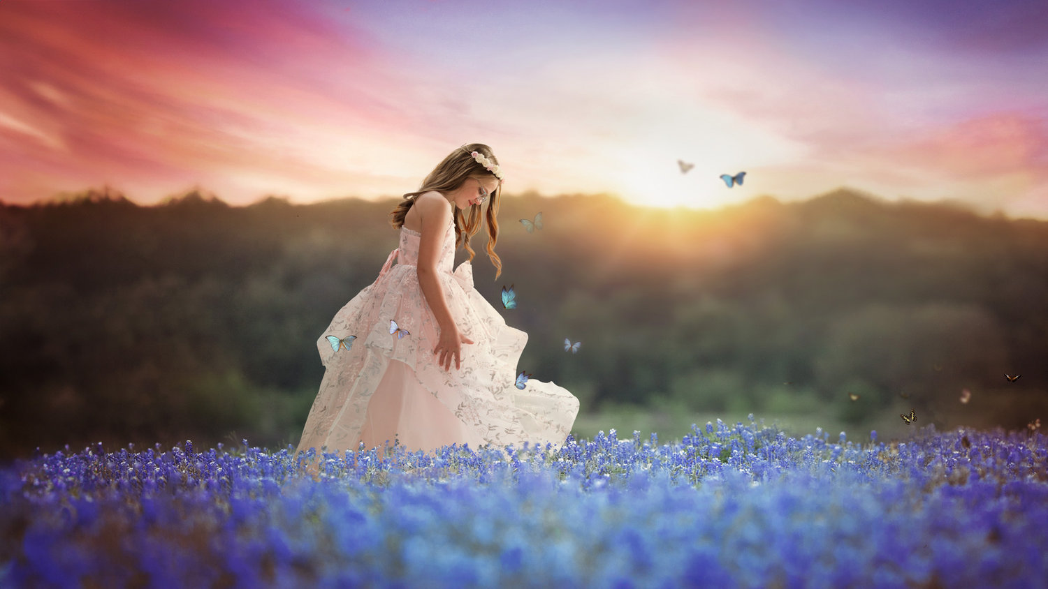 Magical photo of girl in flowers with butterflies