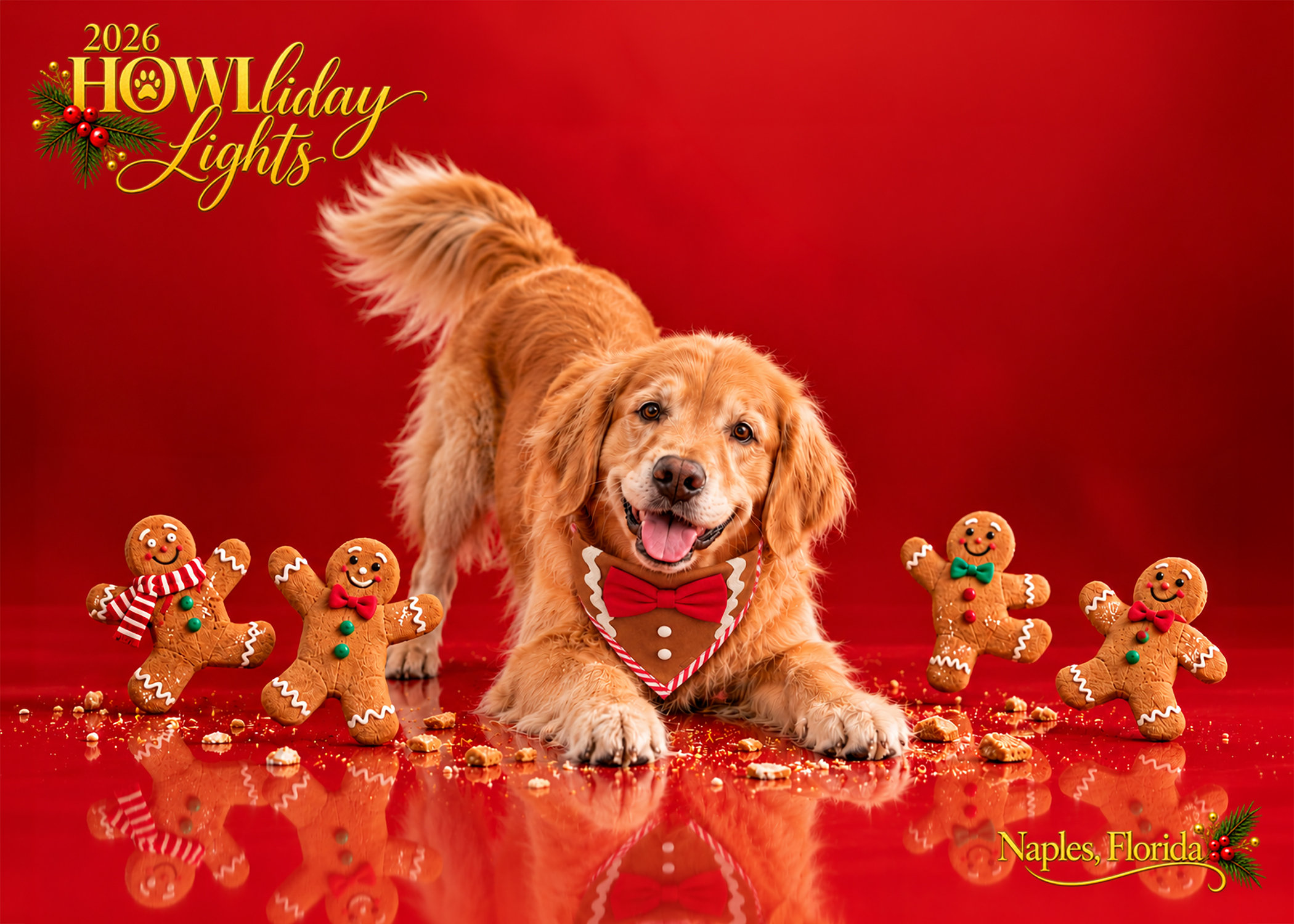 Gingerbread Dance Party holiday dog portrait with dancing gingerbread characters