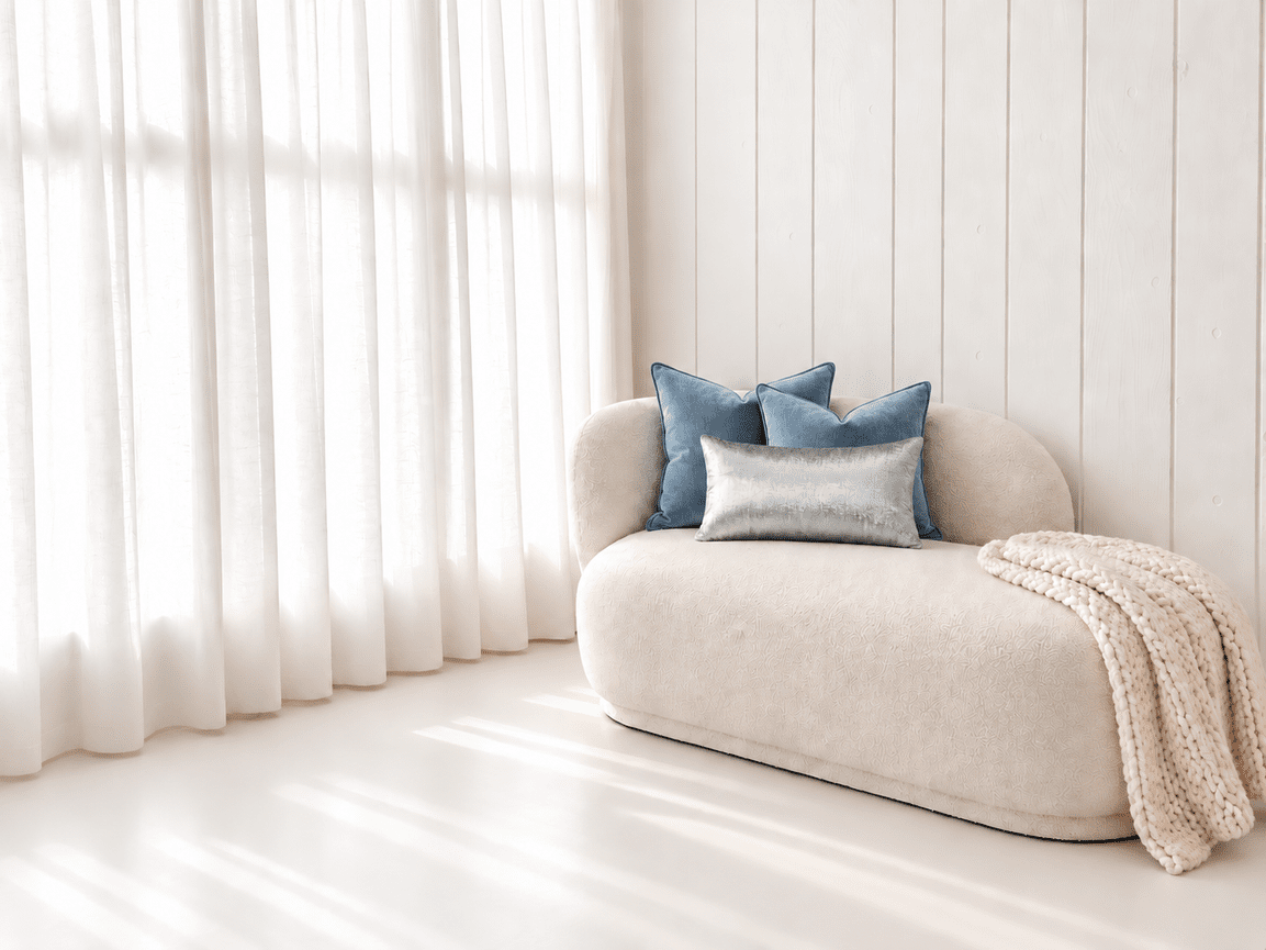 Dusty blue and silver pillows in a bright white studio set for Chanukah and winter portraits