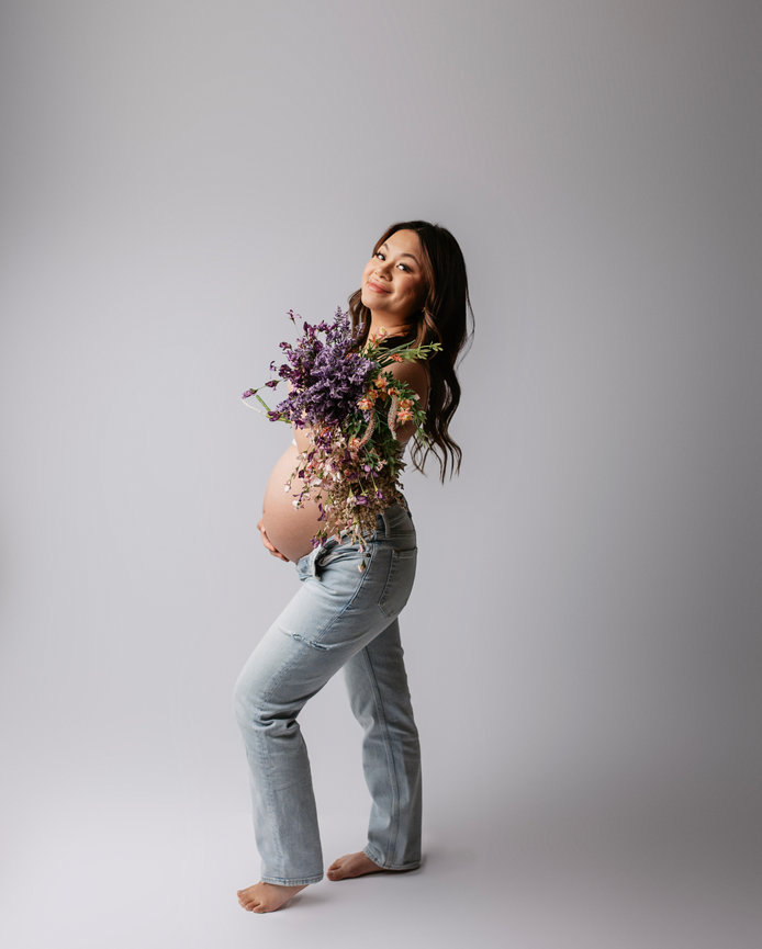 In studio Timeless fine art maternity portraits in studio serving Calgary and Okotoks