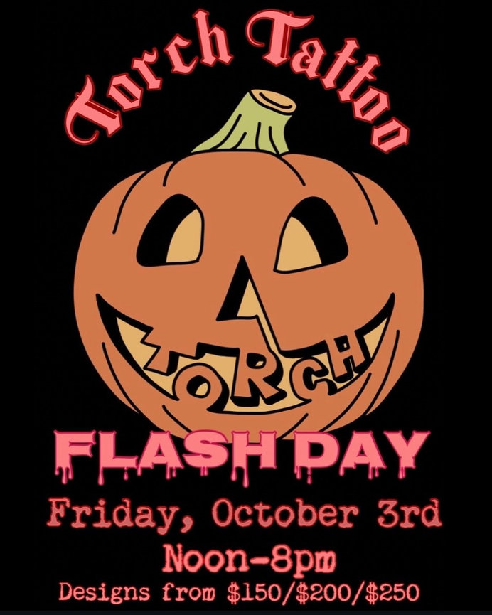 Cartoon Jack O’Lantern with “Torch” for teeth advertising Torch Tattoo’s Halloween Flash Day on October 3, 2025.