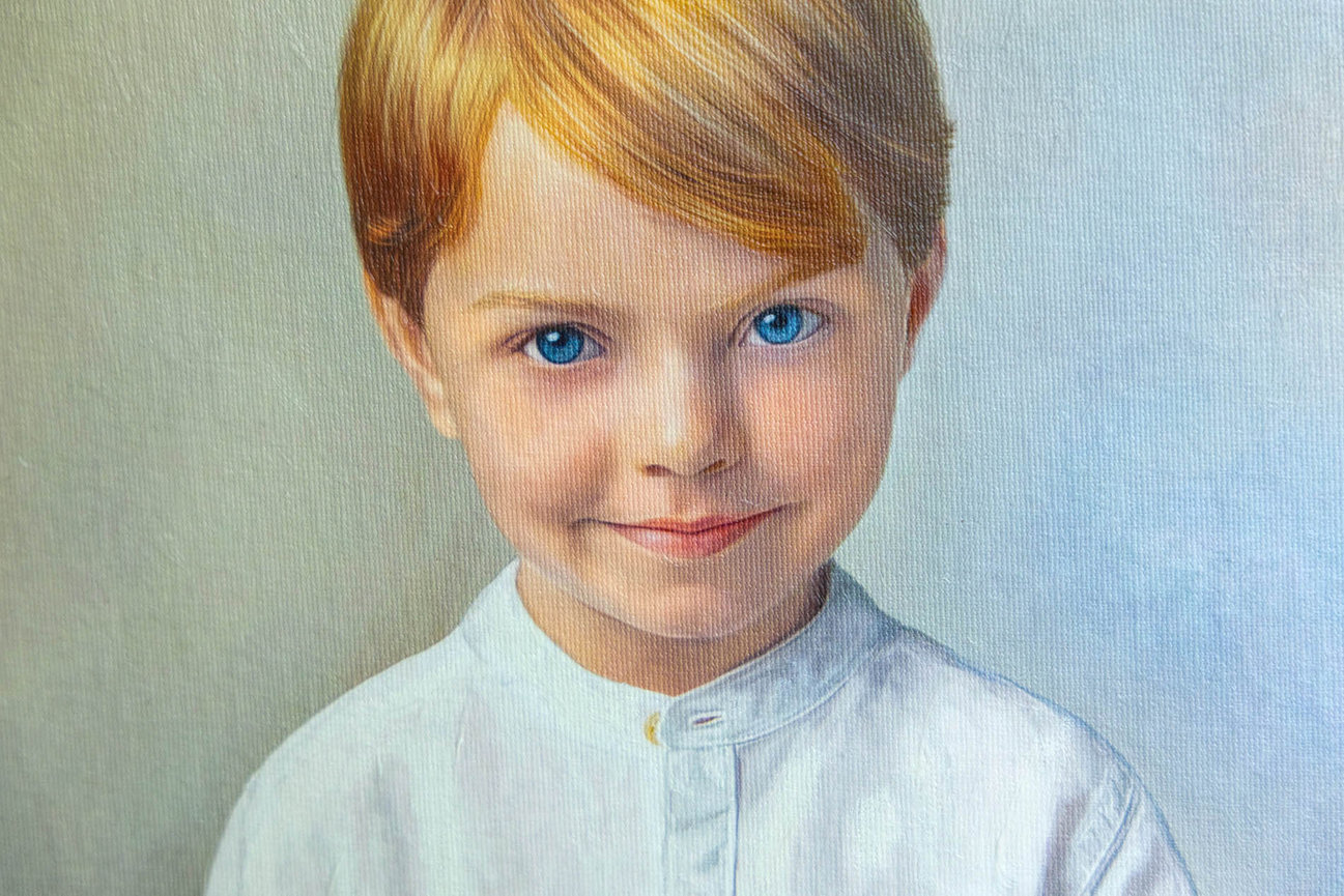 Hand-finished child portrait painting in a formal studio environment.