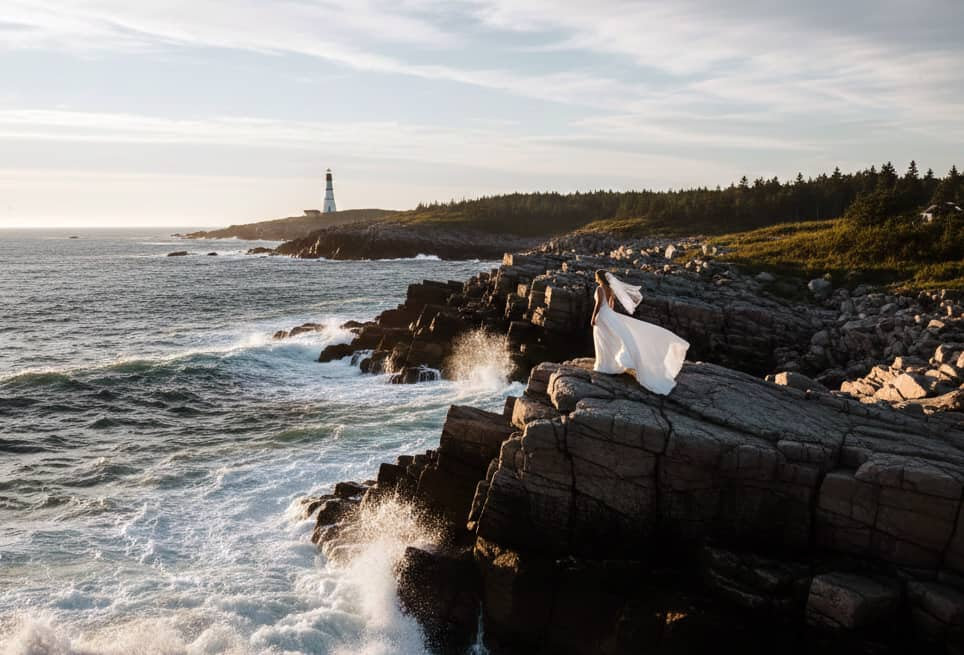 An editorial bridal portrait on the rugged granite cliffs of the Maine coast; capturing the dramatic Atlantic surf and the timeless, wind-swept elegance of a New England destination wedding.