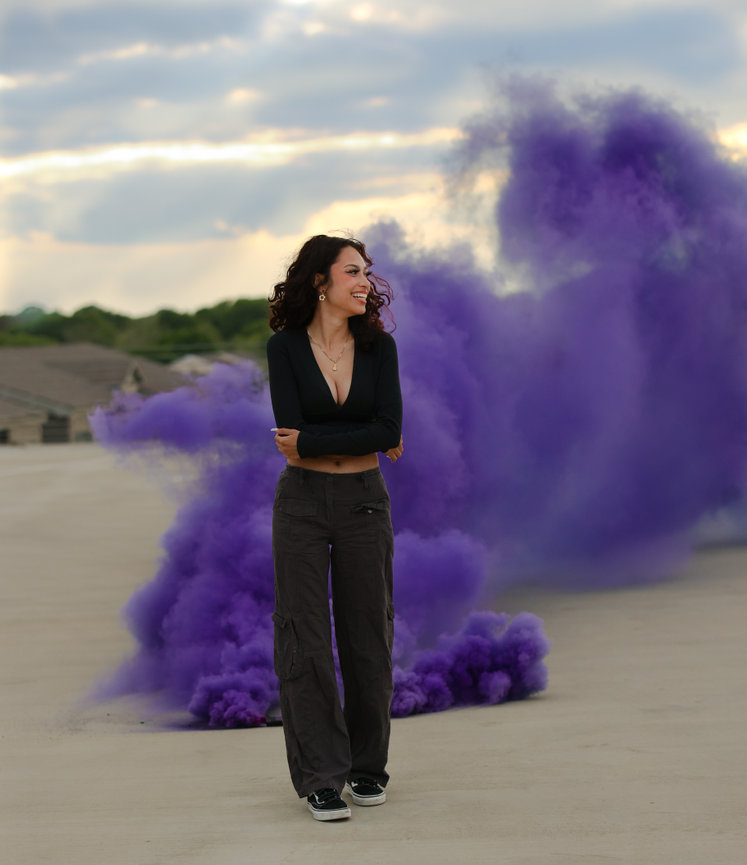 Purple smoke bombs fill up the sunset sky for a fun session in Arlington, TX