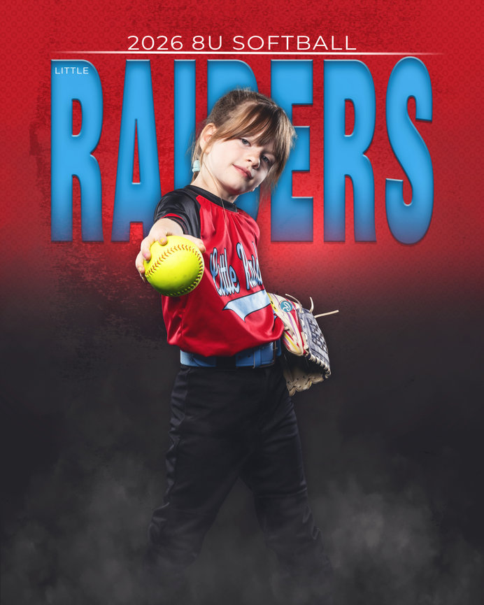 Young softball player holding a yellow ball in front of a 2026 8U Raiders team poster