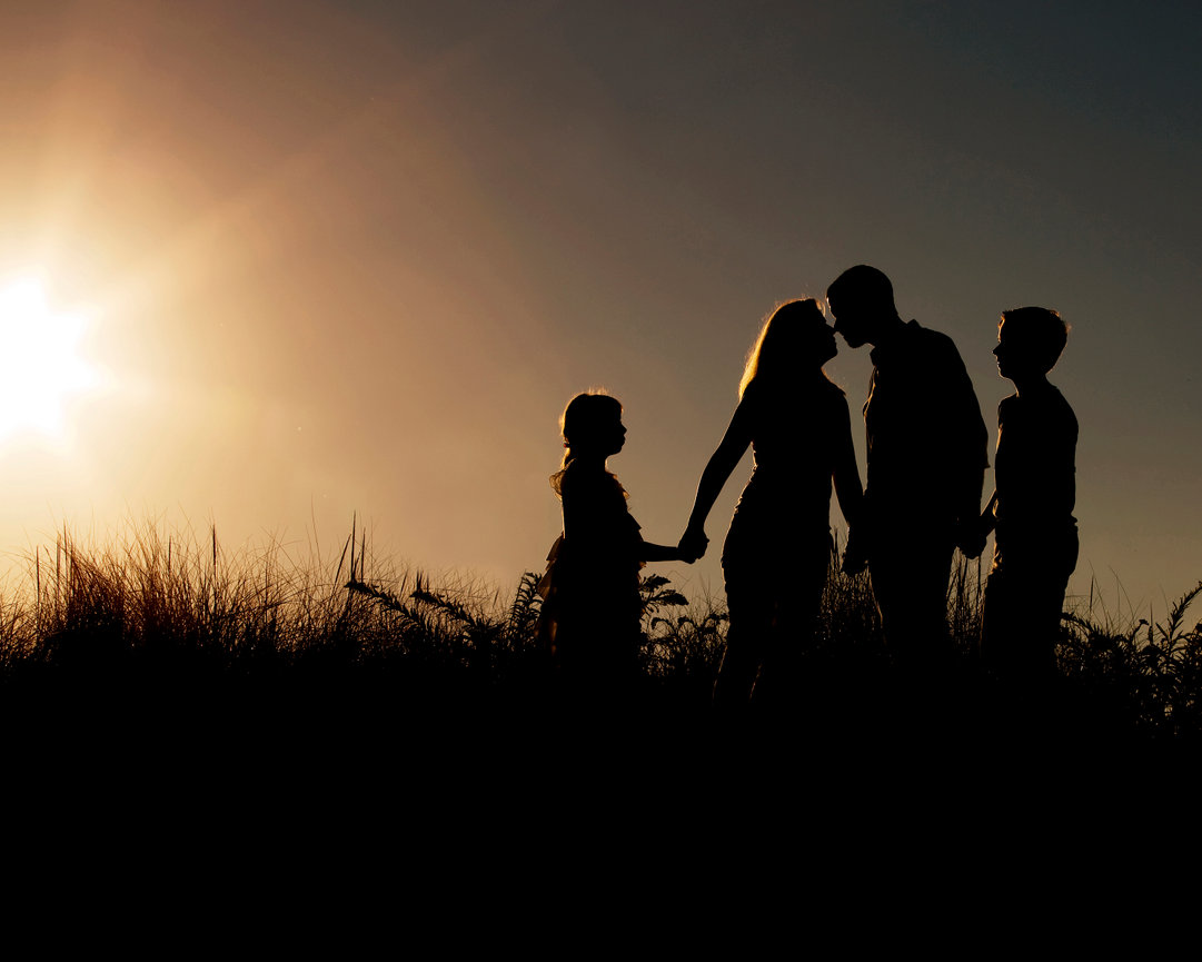 Silhouette of a family holding hands at sunset in a grassy field.