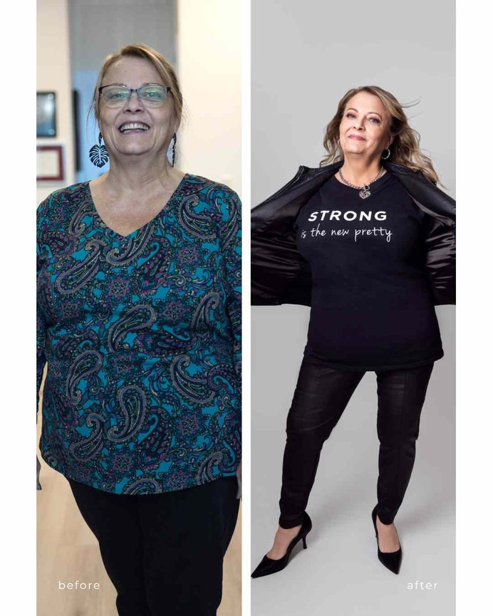 before and after photo of a woman wearing a tshirt that says STRONG is the new pretty in Calgary portrait studio