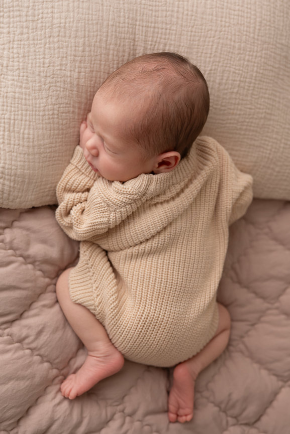 Peaceful lifestyle newborn session captured in Kristin Baker’s bright NJ studio