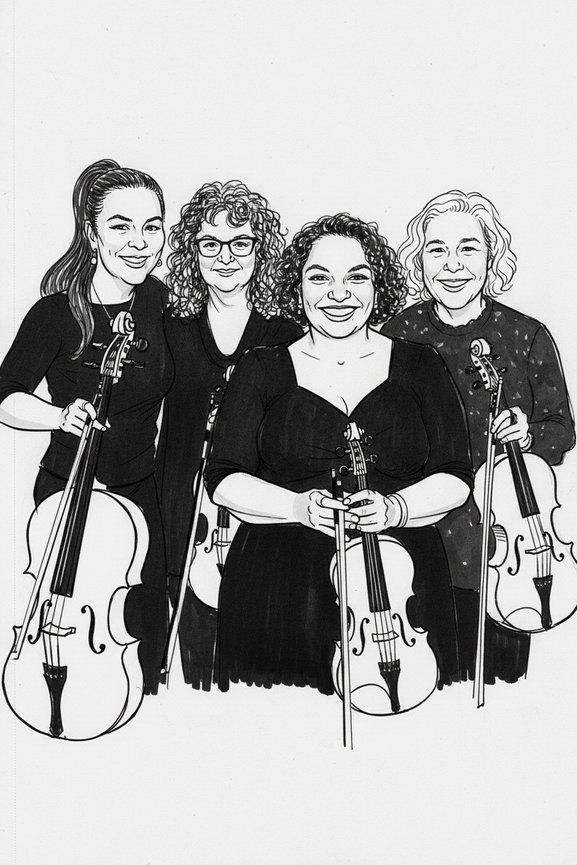 Black and white caricature-style photo booth illustration of a string quartet, showcasing live event and wedding reception entertainment in Cincinnati