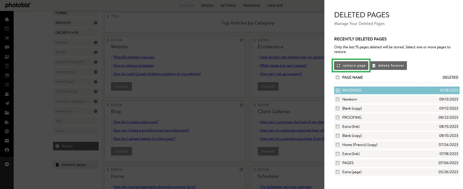 How do I restore a deleted page? - PhotoBiz Knowledge Base