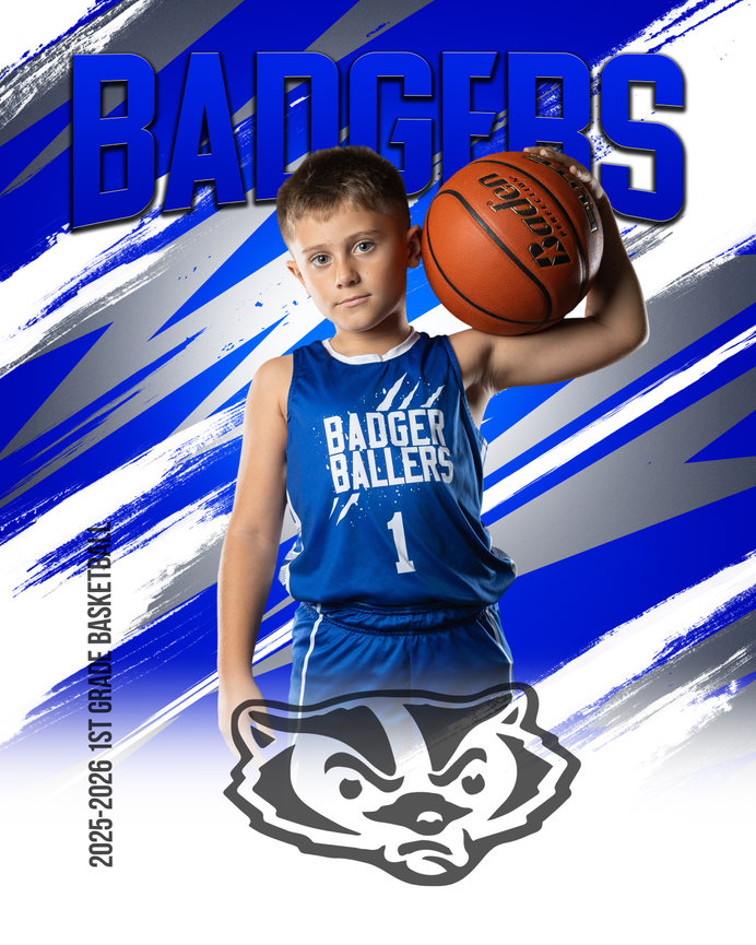 Young boy in a blue basketball jersey holding a ball against a blue and white background with Badgers text.