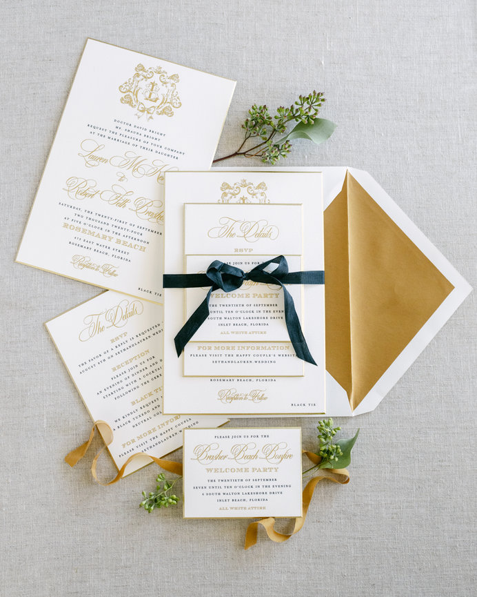 Custom white, gold and black wedding invitations by Ledgewood Fine Stationary. Wedding photography by Heather Durham.