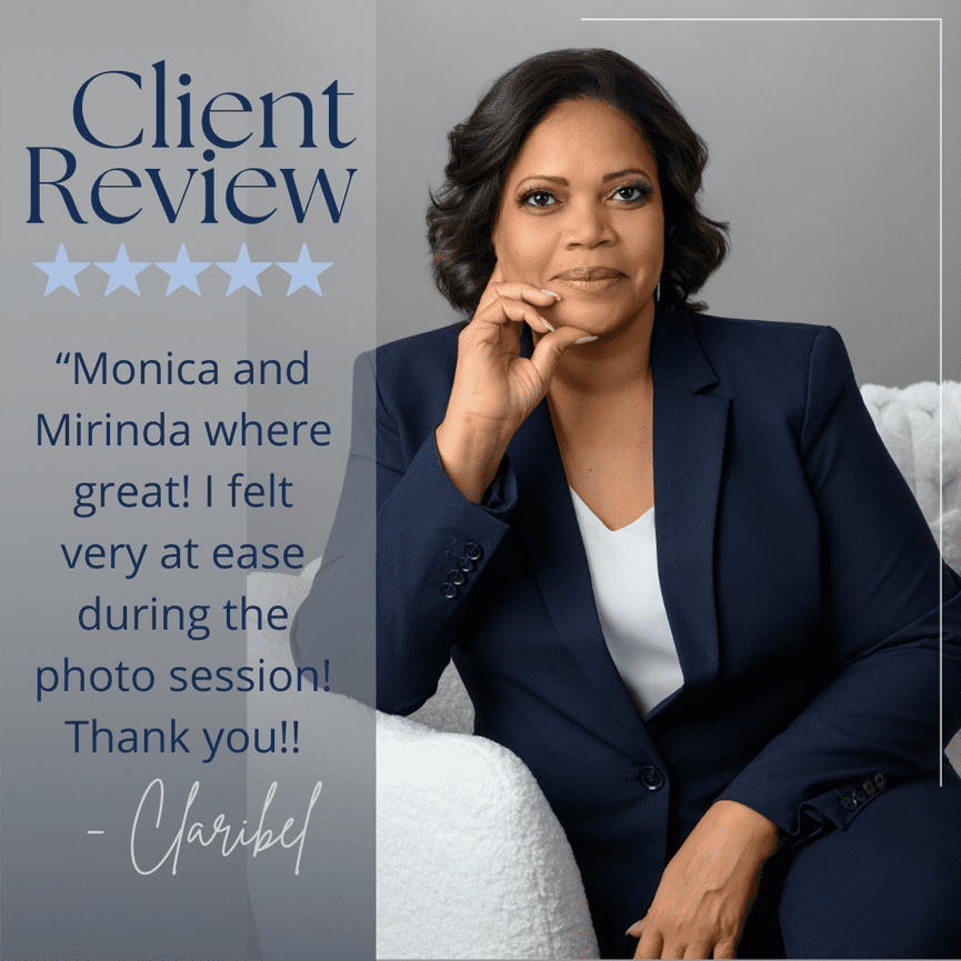 A woman in a blue suit sits on a white chair, next to a text note praising Monica and Mirinda for a great photo session.