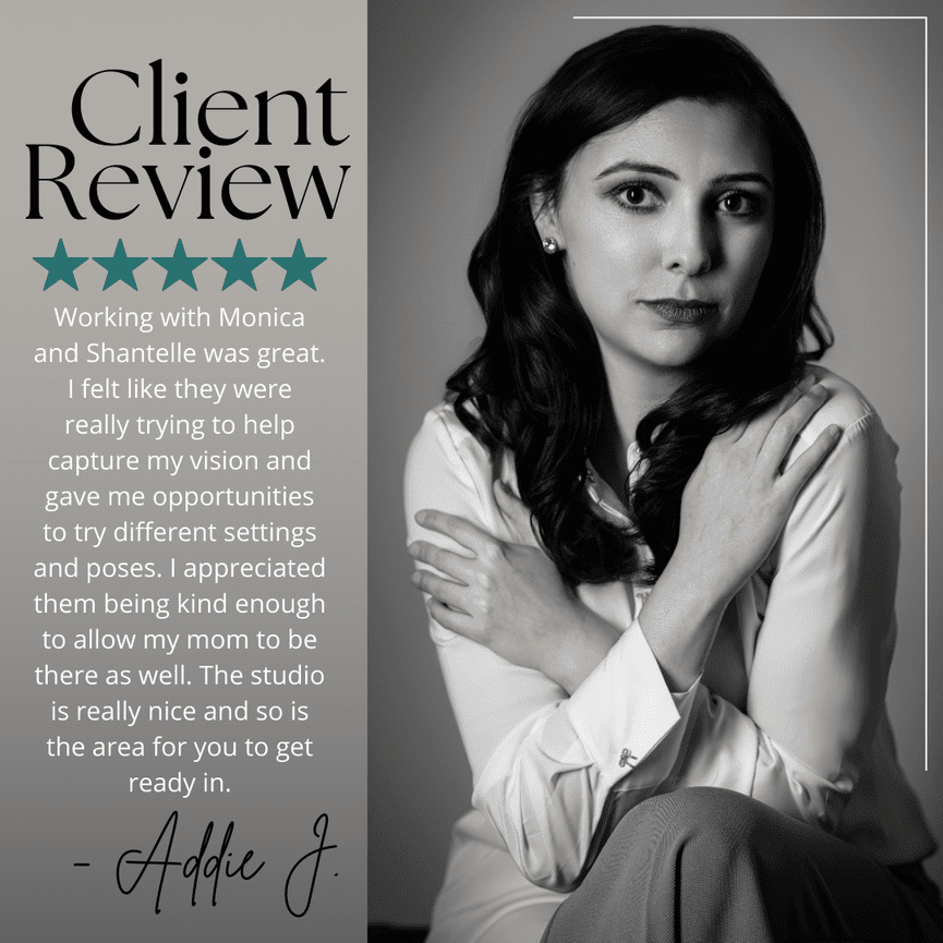 Black and white portrait of a woman in formal attire with a client review text on the side accompanied by five stars.