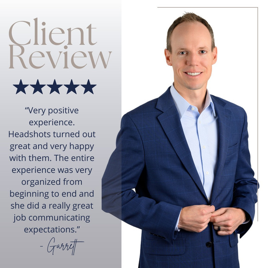 Man in a blue suit next to a client review highlighting satisfaction with headshots and communication. Five-star rating shown.