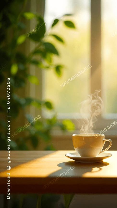 Steaming cup of coffee on a sunlit table, with plants and a window in the background.