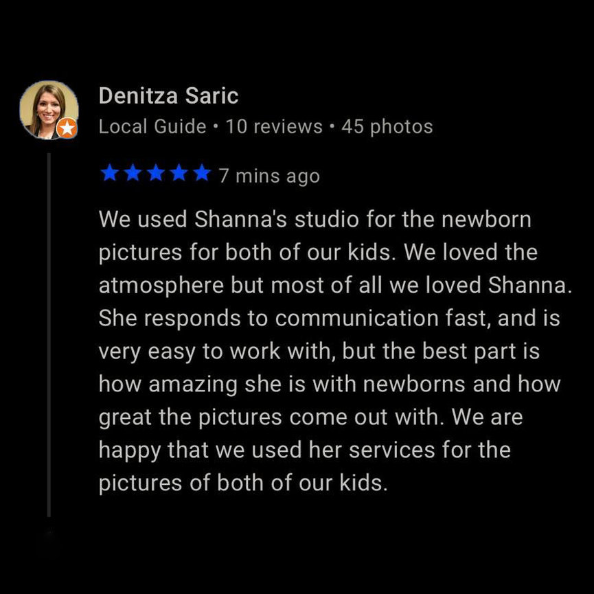A review gives Shannas studio five stars, praising her communication and ability with newborn pictures. The reviewer appreciates the atmosphere and is happy with the photos of both their children.
