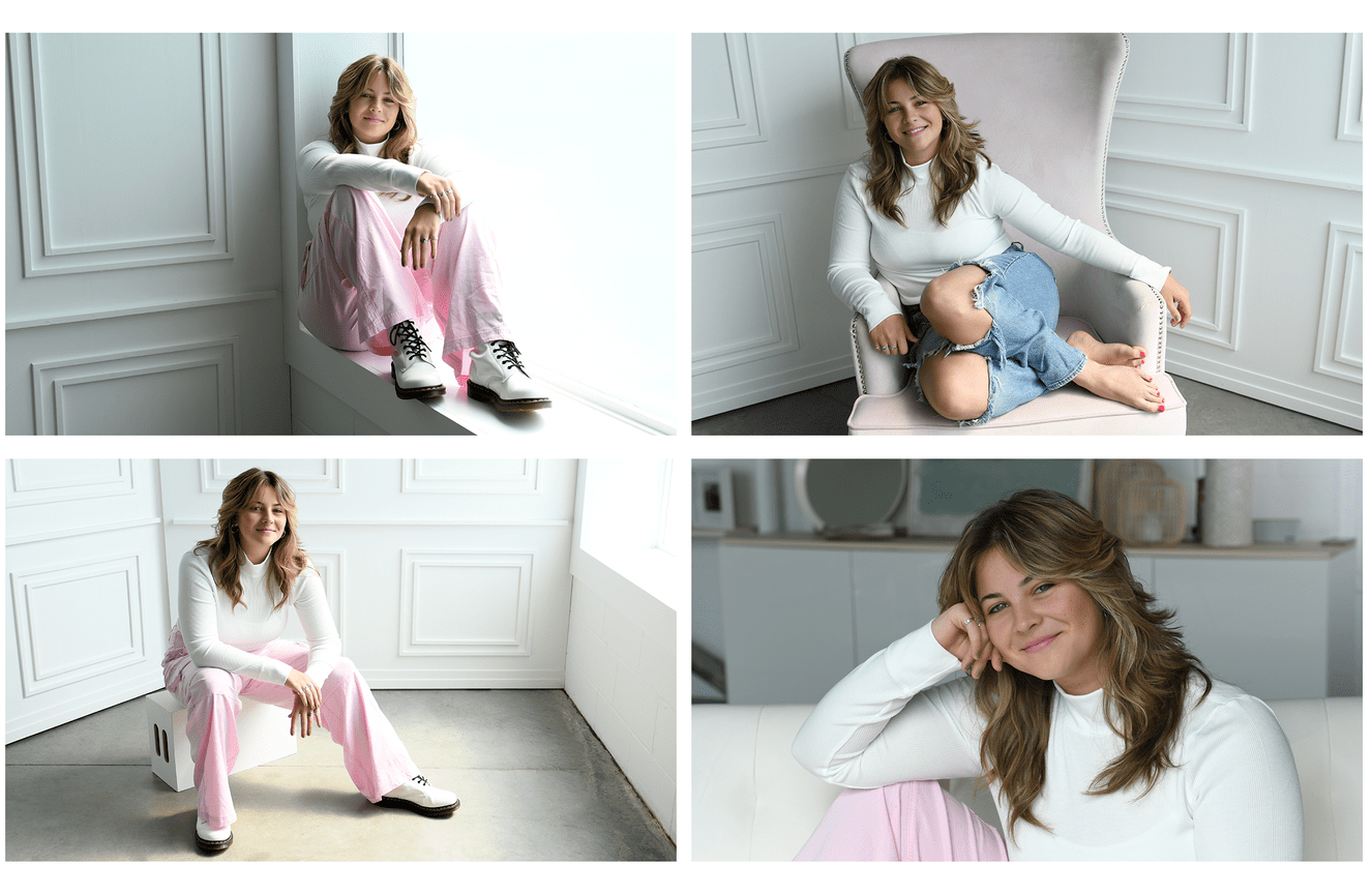 A collage of a relaxed Avery wearing pink pants during her Class of 2024 photo session at Kliks Photography.
