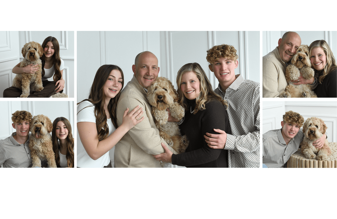 A collection of a family who each got to pose with their much loved labradoodle dog at Kliks Photography in Cedar Rapids, Iowa.