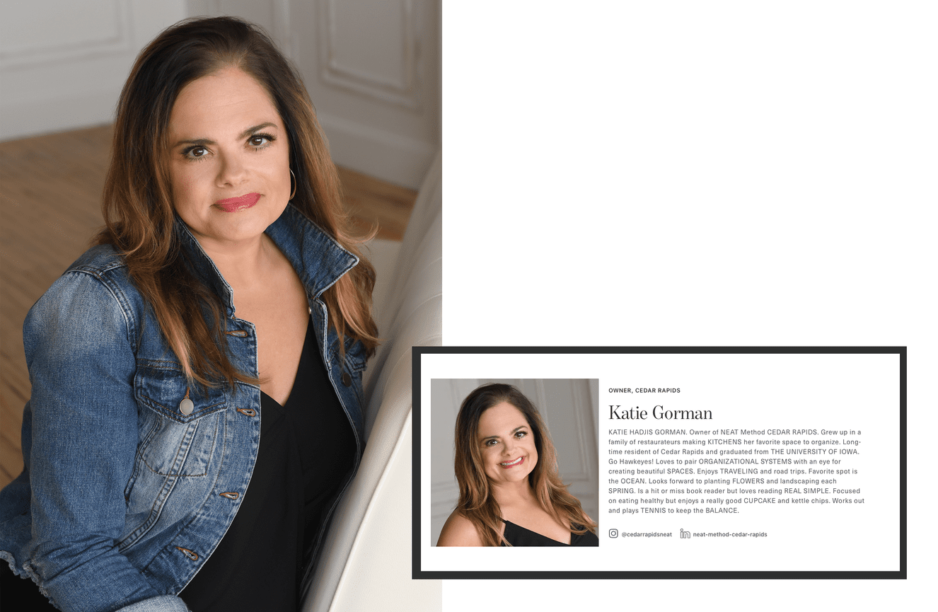 Entrepreneur photos of Katie Hadjis, owner of Neat Method of Cedar Rapids, Iowa.