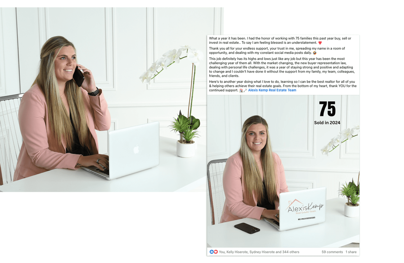 Realtor Alexis Kemp poses at a desk in front of a laptop for a business branding session at Kliks Photography.
