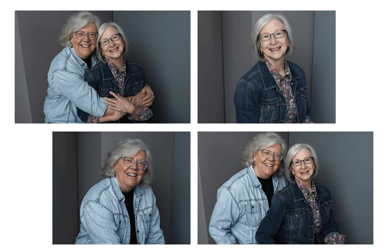 Deb and Kay, silver-haired LGBTQ partners, came dressed in comfortable blue jean jackets to celebrate their marriage. .