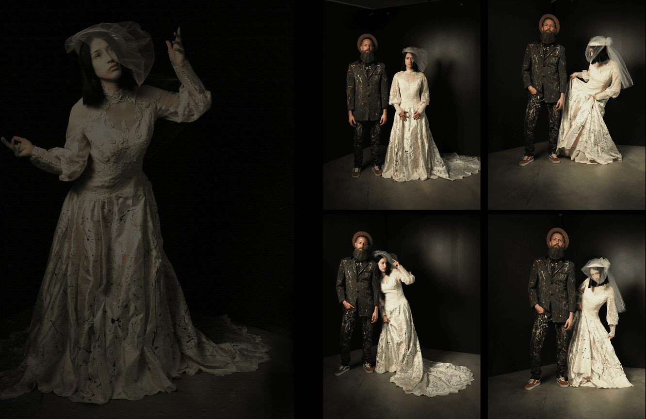 A collection of photos of a newly wedded couple who are wearing wedding attire for a fashion show at Kliks Photography in Cedar Rapids, Iowa.