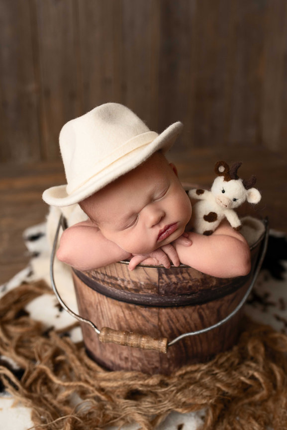 Newborn baby dressed as a cowboy, wearing a white felt hat and sleeping in a rustic wooden bucket with a tiny plush cow – themed newborn photography session in Elgin, Illinois